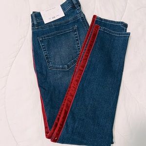 LOFT size 8/29 skinny jeans with maroon velvet strips down legs